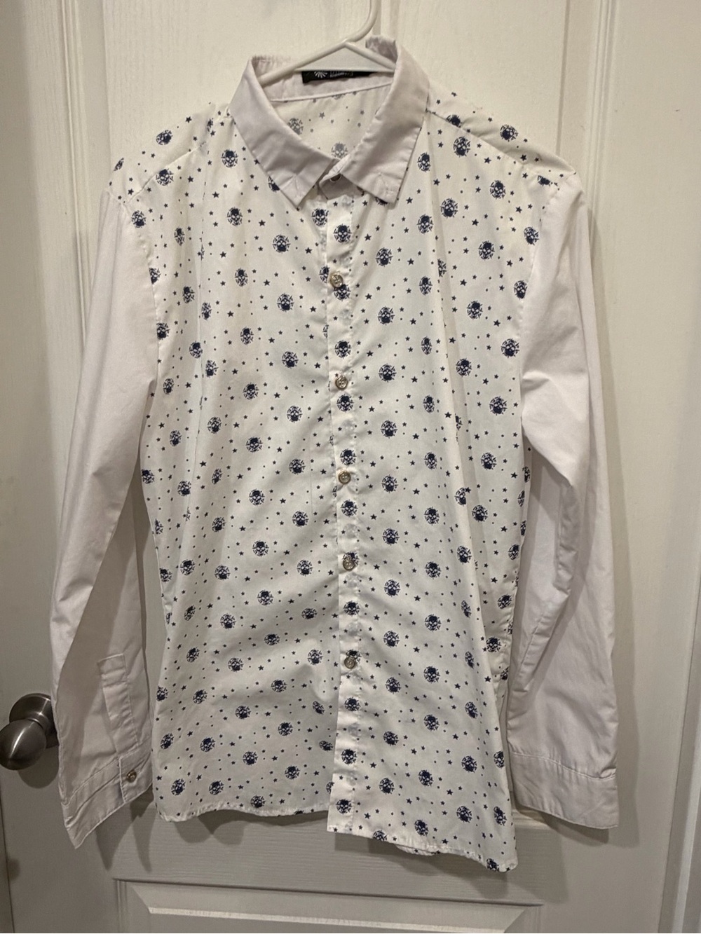 White Long-Sleeve Dress Shirt with Navy Skull Print